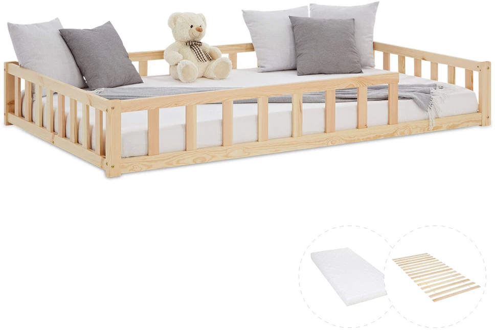 Homestyle4U Vaikiška grindų lova, 125x32x206.5 cm, ruda
