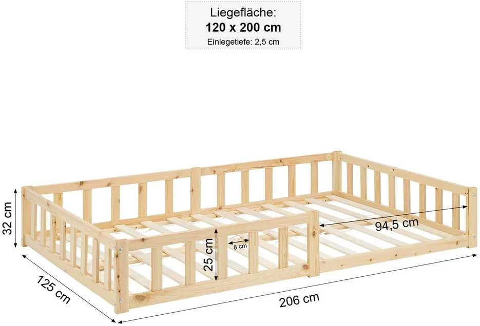 Homestyle4U Vaikiška grindų lova, 125x32x206.5 cm, ruda
