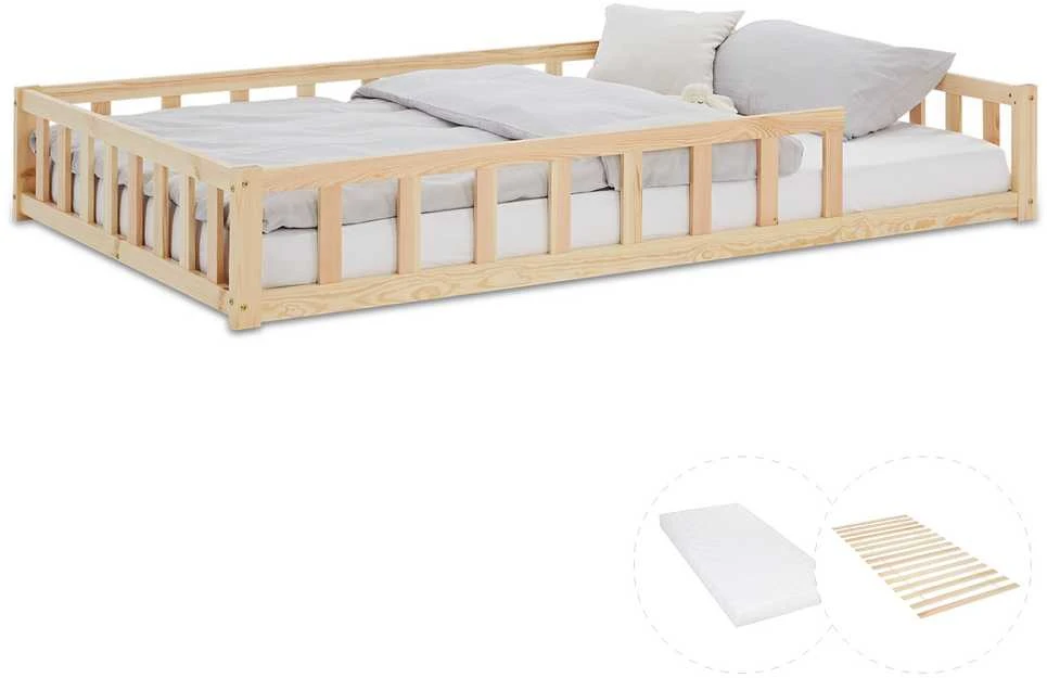 Homestyle4U Vaikiška grindų lova, 125x32x206.5 cm, ruda