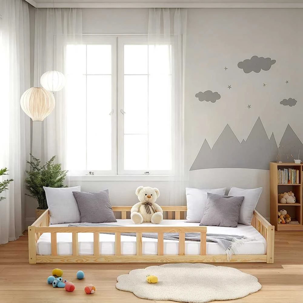 Homestyle4U Vaikiška grindų lova, 125x32x206.5 cm, ruda