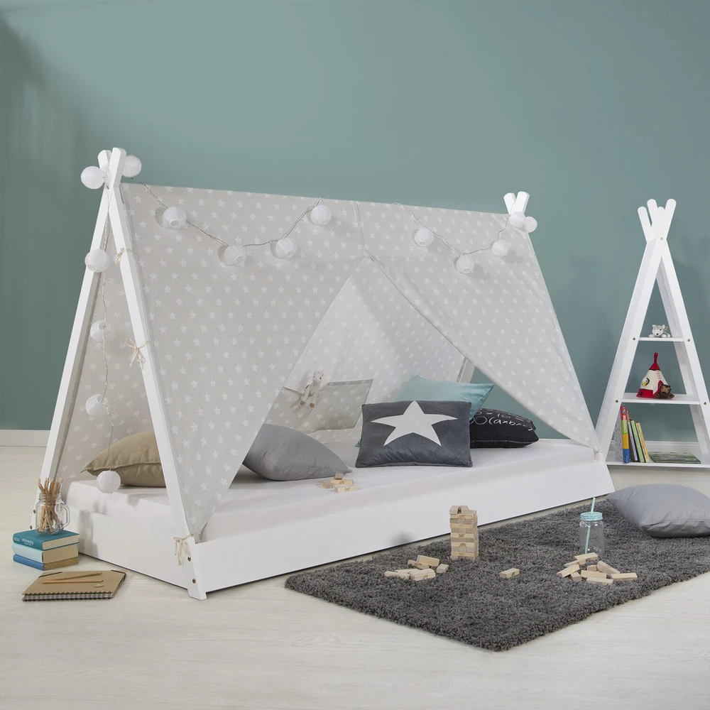 Homestyle4U Vaikiška lova, Tipi palapinės lova, 105.5x208x132.5 cm, balta pilka