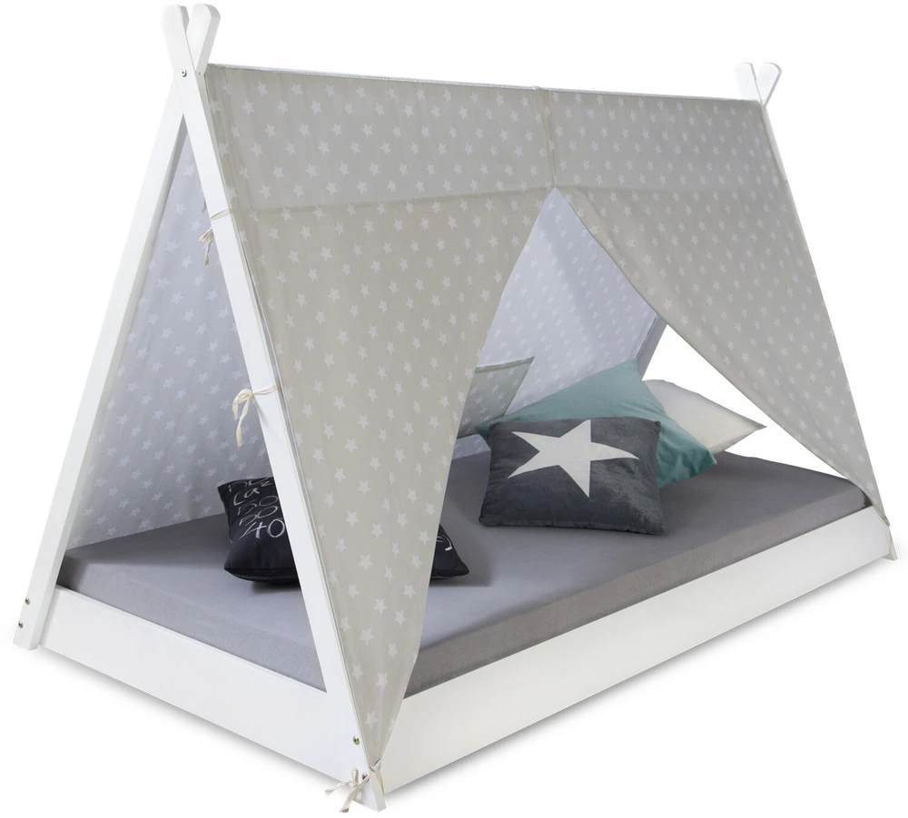 Homestyle4U Vaikiška lova, Tipi palapinės lova, 105.5x208x132.5 cm, balta pilka