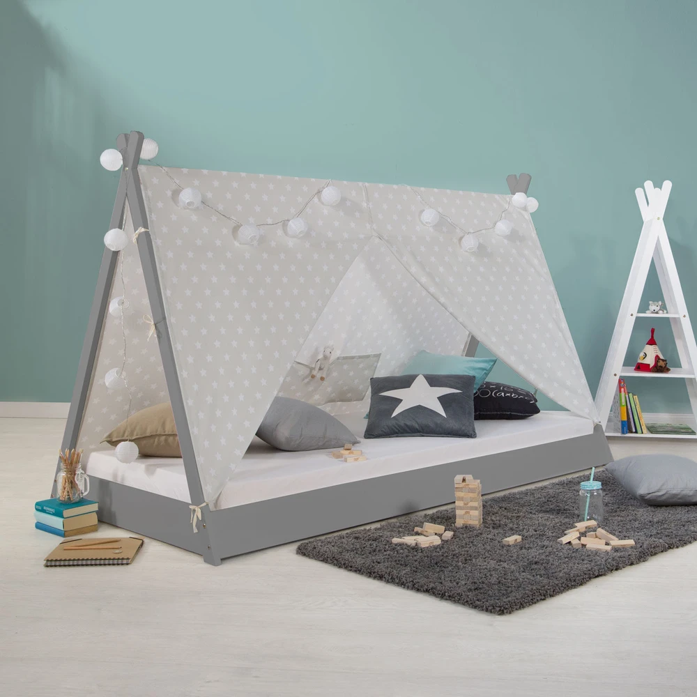 Homestyle4U Vaikiška lova, Tipi palapinės lova, 105,5x208x132,5 cm, pilka