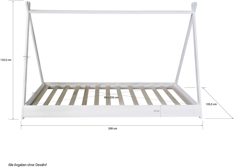 Homestyle4U Vaikiška lova, Tipi palapinės lova, 105.5x208x132.5 cm, balta pilka