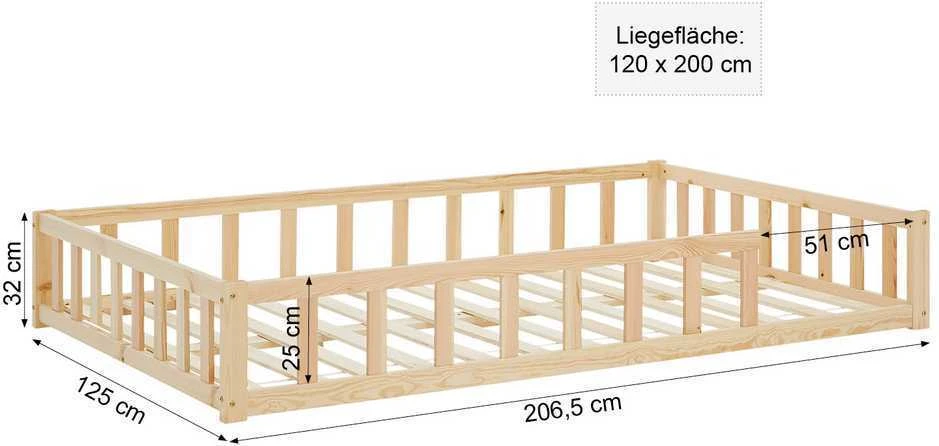 Homestyle4U Vaikiška grindų lova, 125x32x206,5 cm, ruda