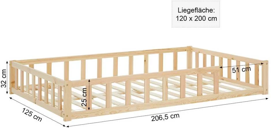 Homestyle4U Vaikiška grindų lova, 125x32x206,5 cm, ruda