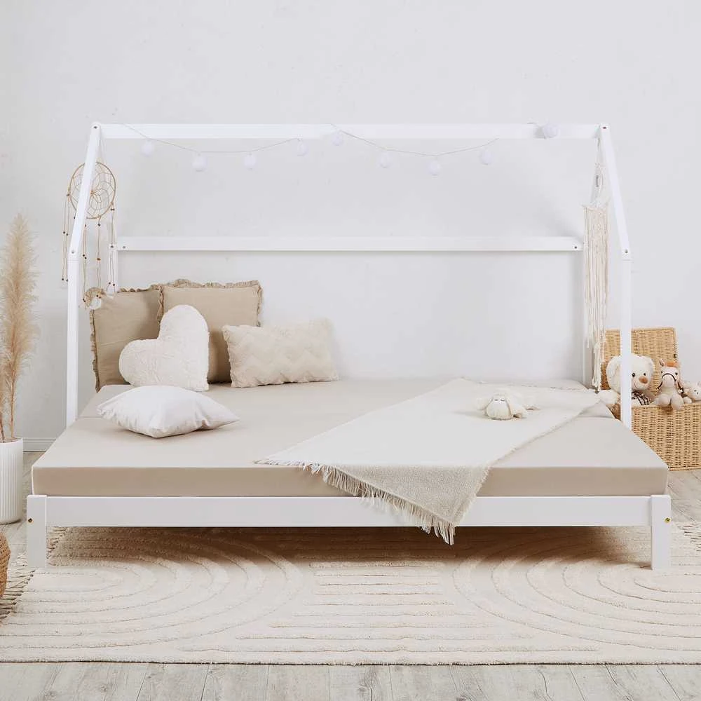 Homestyle4U Vaikiška lova, medinė namelio formos lova su ištraukiama papildoma lova, 206x142x100 cm, balta