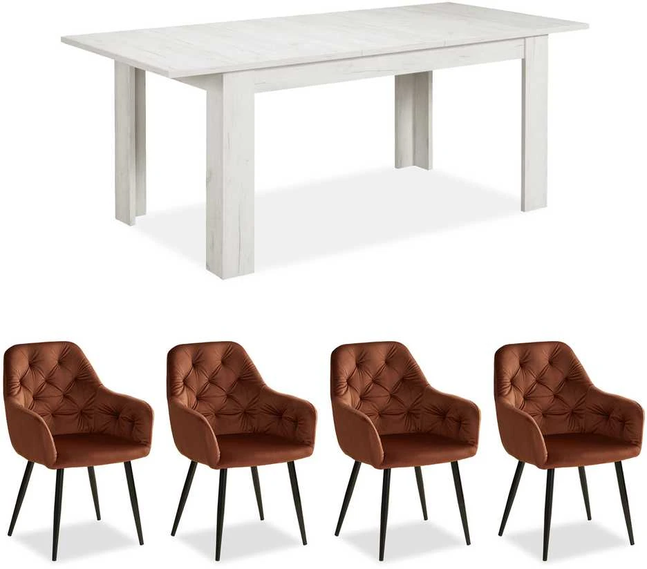 Homestyle4U Valgomojo stalas su kėdėmis, 160.5x90.5x76.5 cm, balta ir ruda