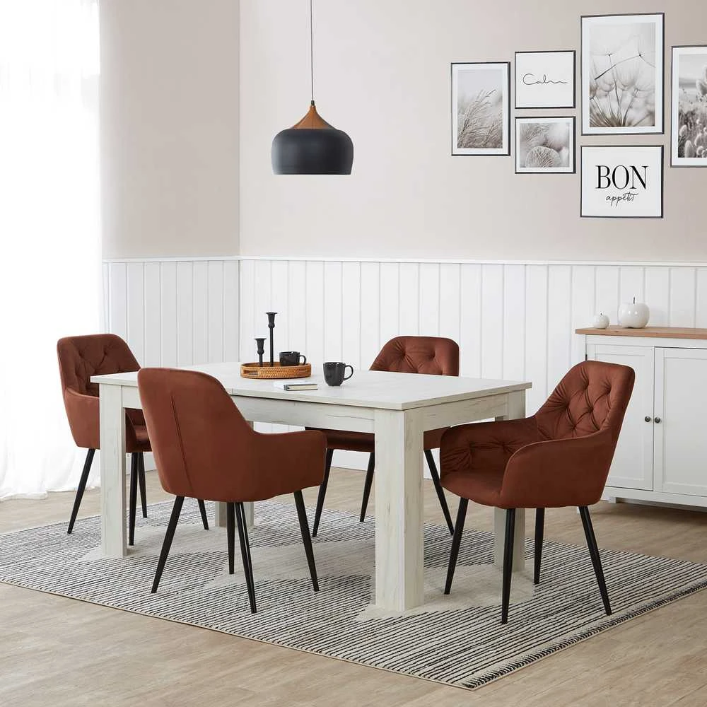 Homestyle4U Valgomojo stalas su kėdėmis, 160.5x90.5x76.5 cm, balta ir ruda