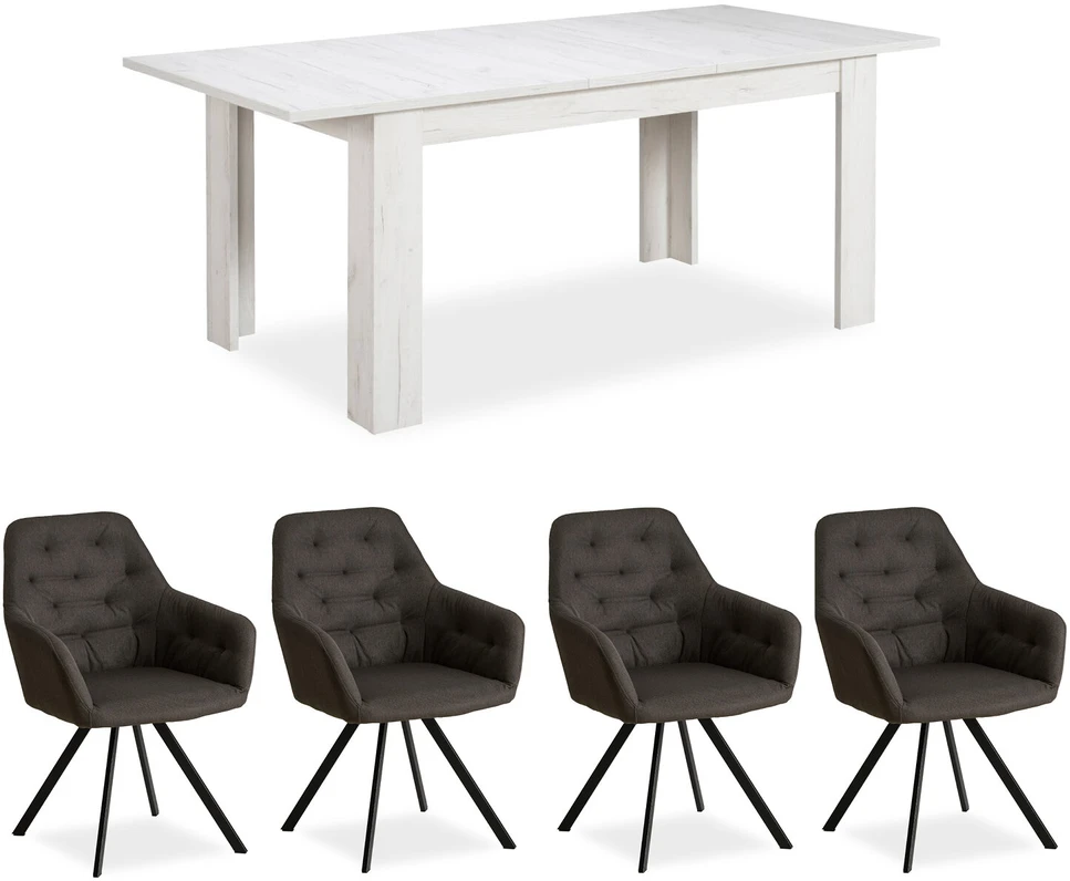 Homestyle4U Valgomojo stalas ir kėdžių komplektas, 160.5x90.5x76.5 cm, balta ir pilka