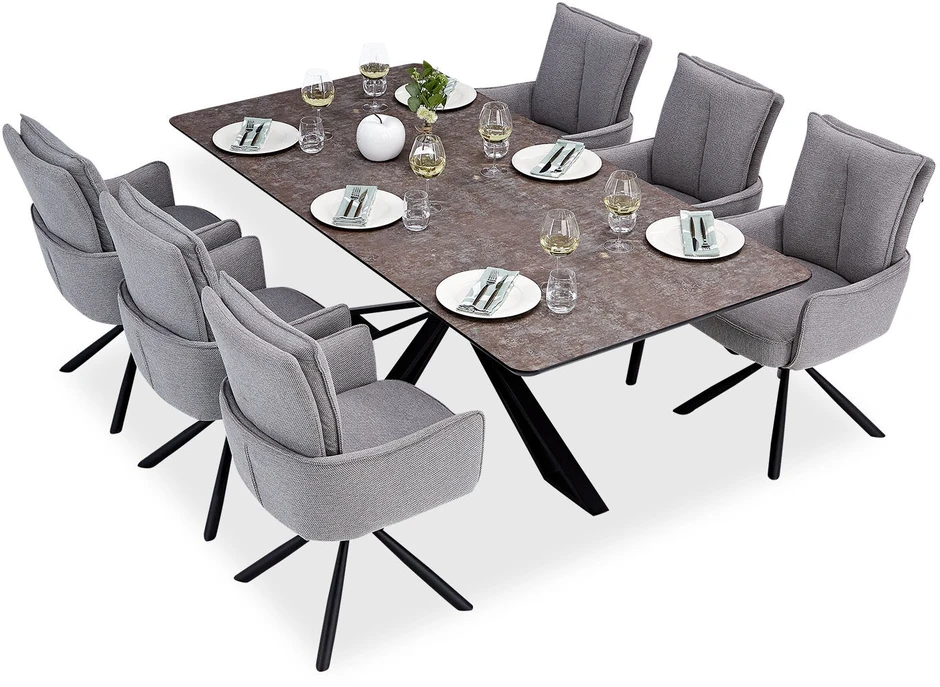 Homestyle4U Valgomojo stalas ir kėdžių komplektas, 200x100x93,5 cm, ruda juoda pilka