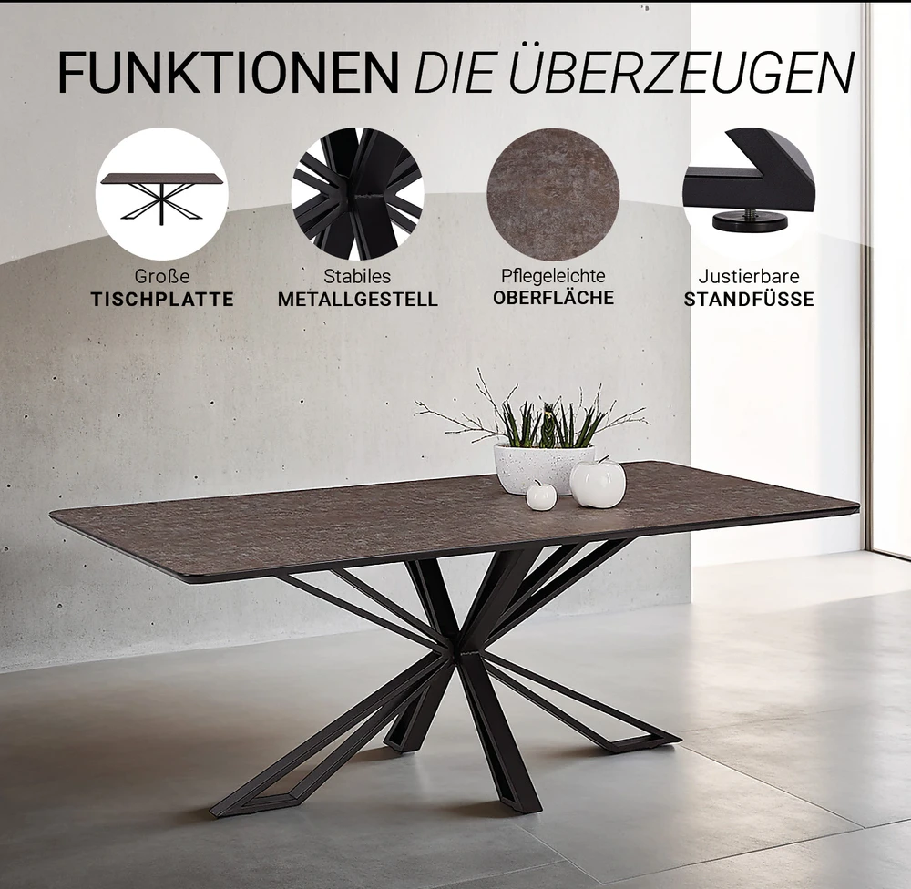 Homestyle4U Valgomojo stalas ir kėdžių komplektas, 200x100x93.5 cm, ruda, juoda, pilka