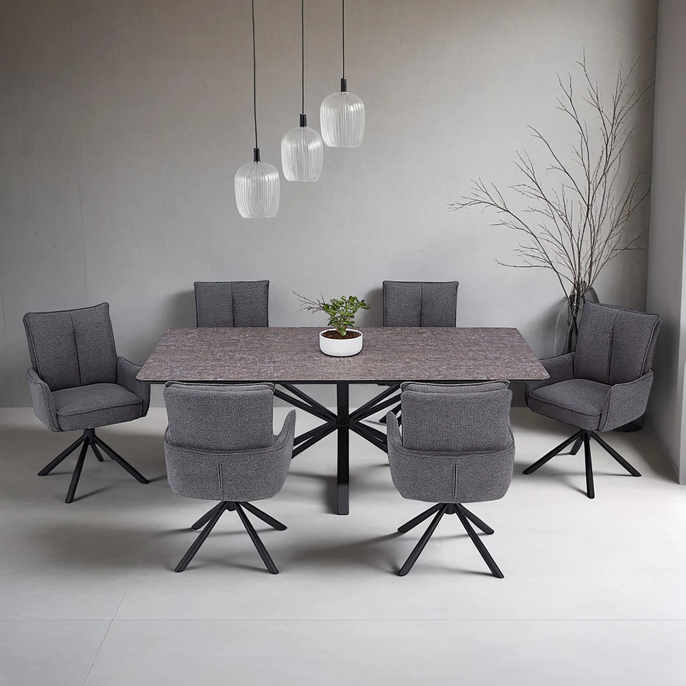 Homestyle4U Valgomojo stalas ir kėdžių komplektas, 200x100x93.5 cm, ruda, juoda, pilka