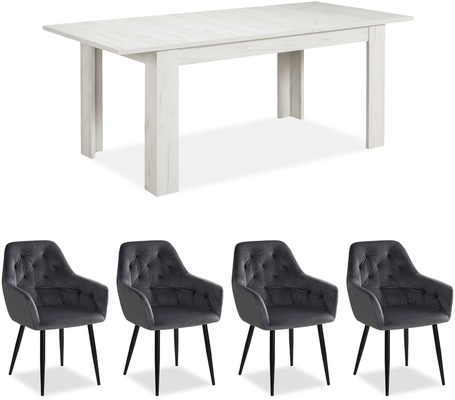 Homestyle4U Valgomojo stalas ir kėdžių komplektas, 200.5x90.5x76.5 cm, balta, pilka, juoda