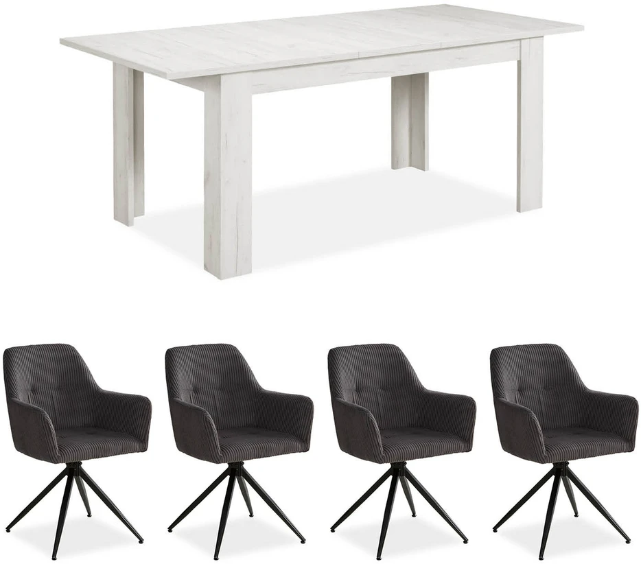 Homestyle4U Valgomojo stalas ir kėdžių komplektas, 160.5x90.5x76.5 cm, balta, pilka, juoda