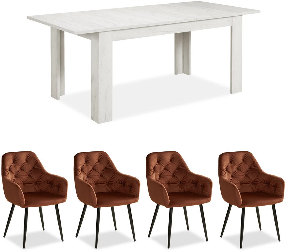 Homestyle4U Valgomojo stalas su kėdėmis, 160.5x90.5x76.5 cm, balta ir ruda