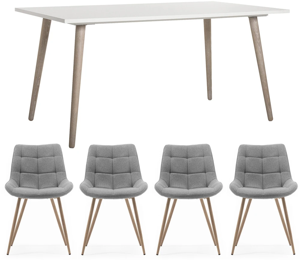 Homestyle4U Valgomojo stalo komplektas, išskleidžiamas valgomojo stalas su 4 aptrauktomis kėdėmis, 160x90x75 cm, balta, pilka