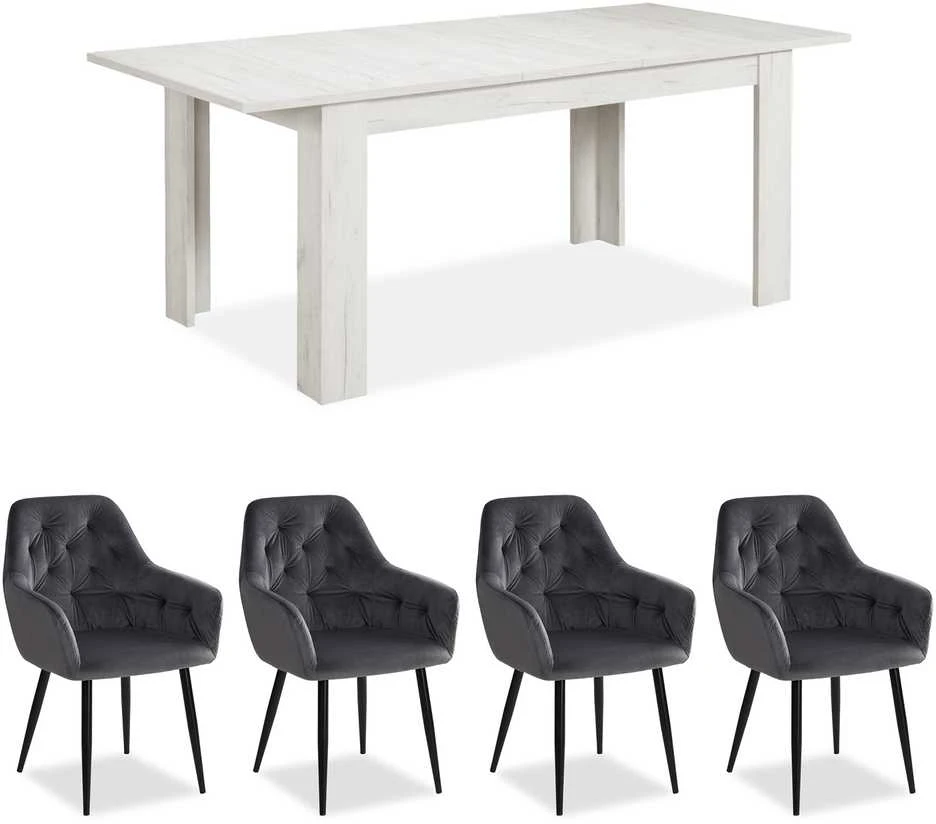 Homestyle4U Valgomojo stalas ir kėdžių komplektas, 200.5x90.5x76.5 cm, balta, pilka, juoda