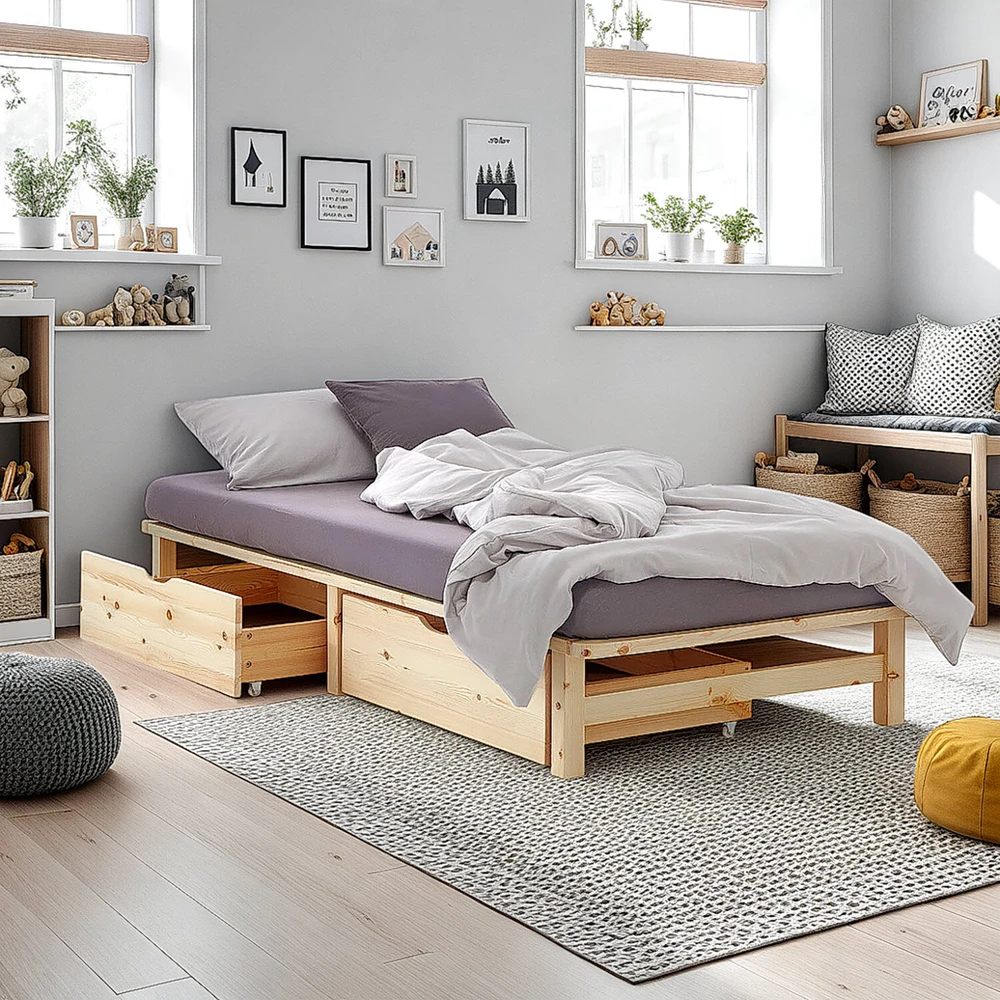 Homestyle4U Viengulė lova, 90x28x200 cm, ruda