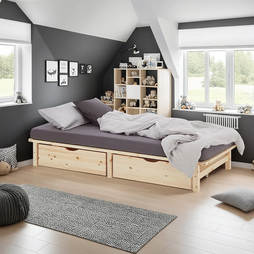 Homestyle4U Viengulė lova, 90x28x200 cm, ruda