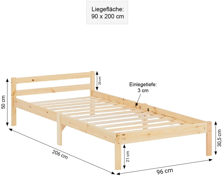 Homestyle4U Viengulė lova, 96x206 cm, ruda