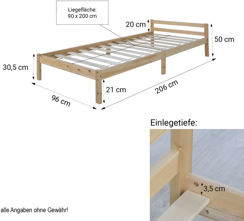 Homestyle4U Viengulė lova, 96x206 cm, ruda