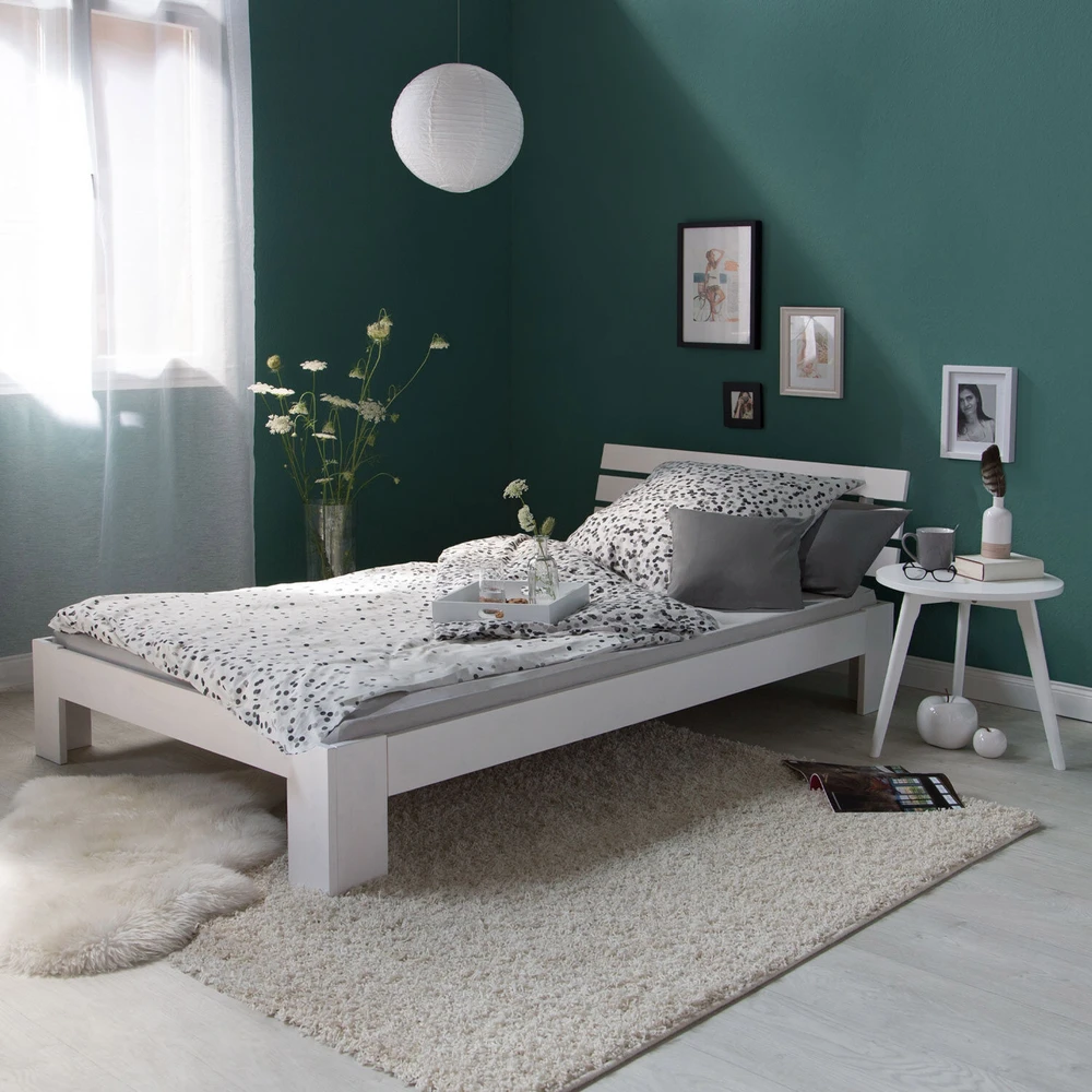 Homestyle4U Viengulė lova, medinis lovos rėmas su groteliniu pagrindu, 94x204x66 cm, balta