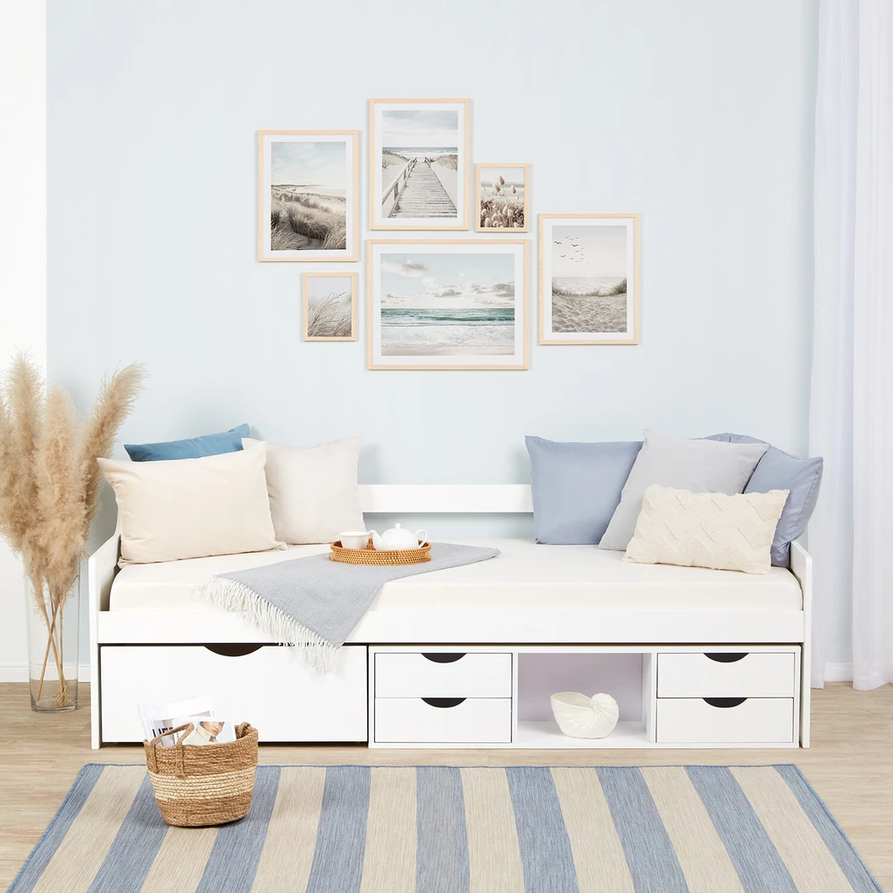 Homestyle4U Viengulė lova su laikymo stalčiais, 96x205x66 cm, balta