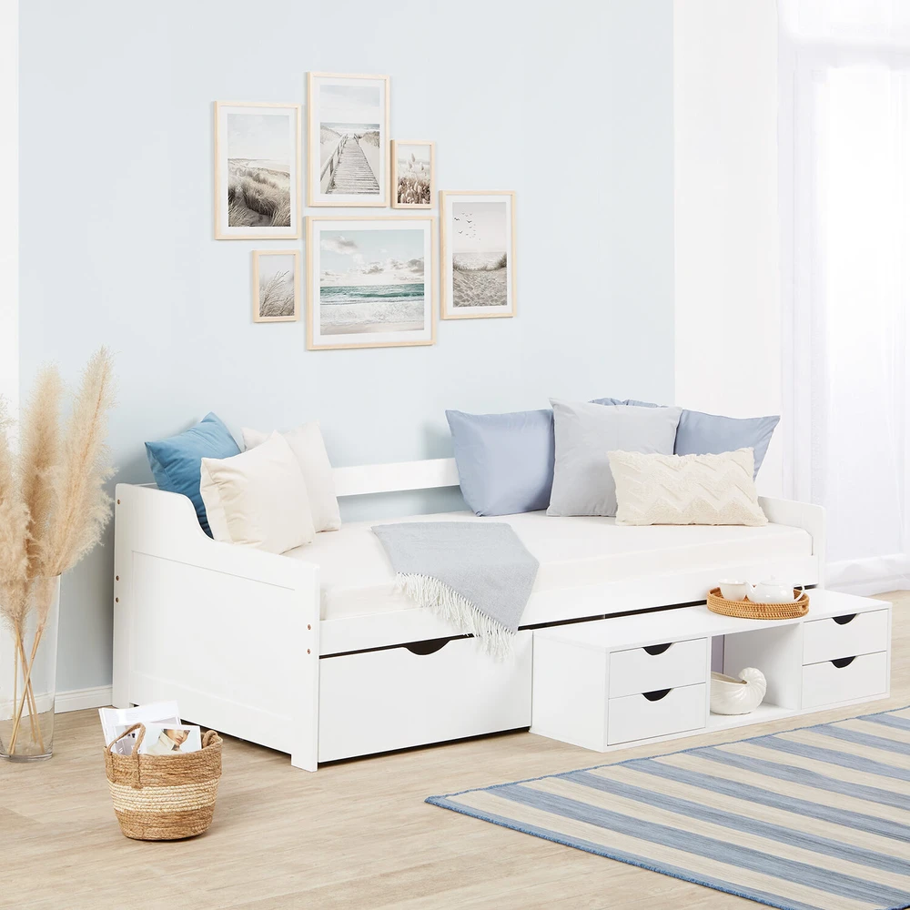 Homestyle4U Viengulė lova su laikymo stalčiais, 96x205x66 cm, balta