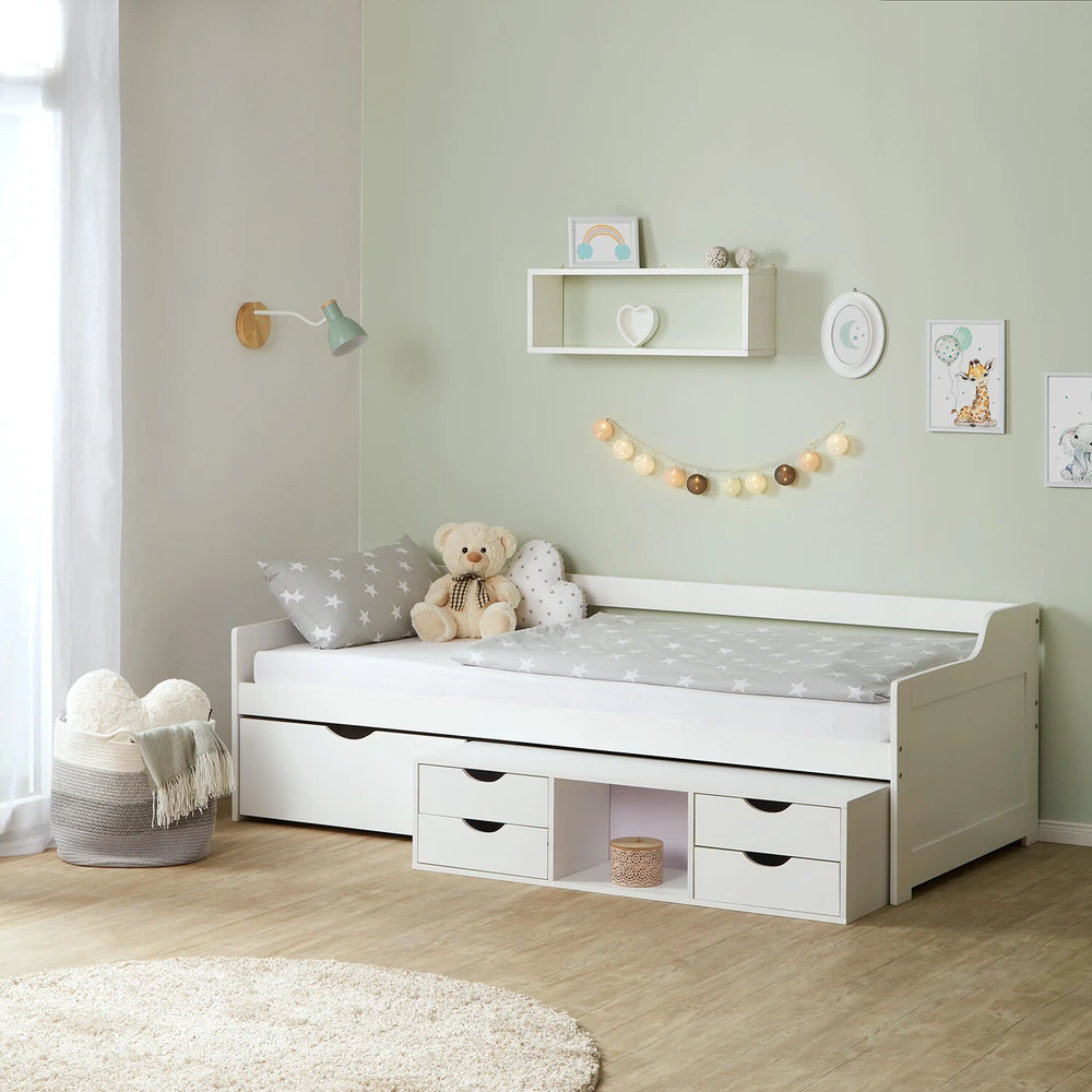 Homestyle4U Viengulė lova su laikymo stalčiais, 96x205x66 cm, balta