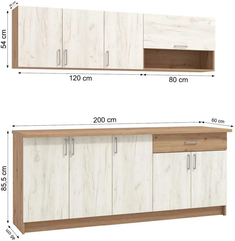 Homestyle4U Virtuvės spintelių komplektas, 200x85.5x60 cm, balta ir ruda