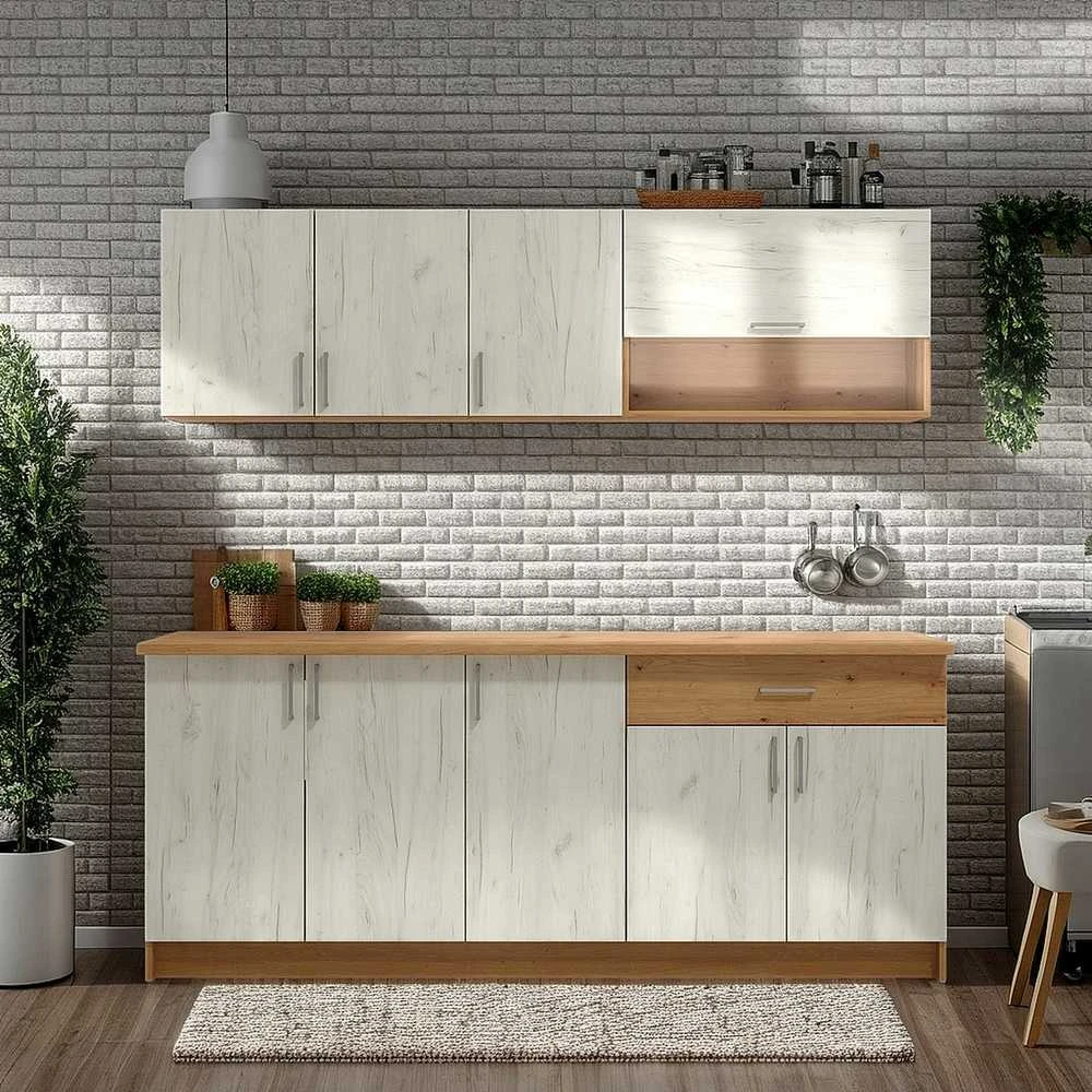 Homestyle4U Virtuvės spintelių komplektas, 200x85.5x60 cm, balta ir ruda
