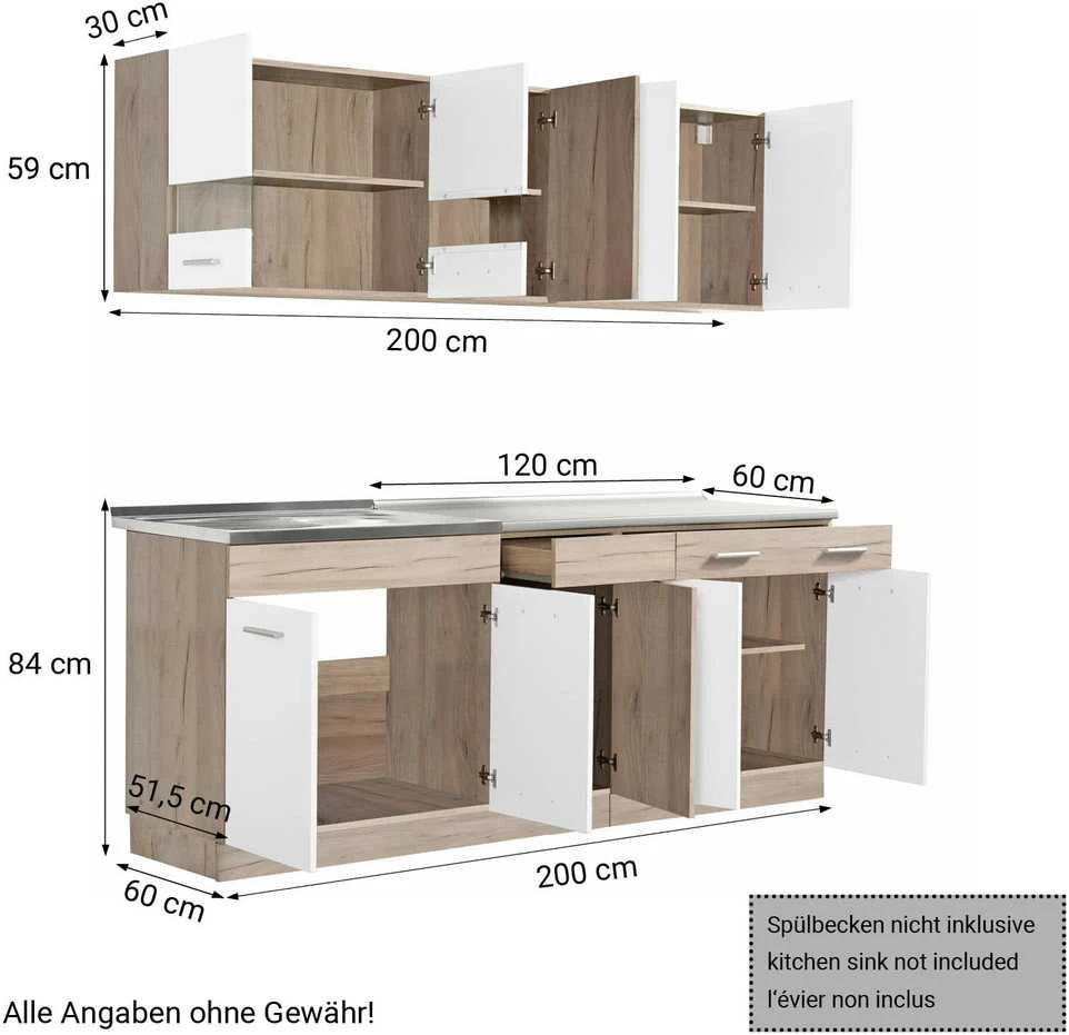 Homestyle4U Virtuvės spintelių komplektas, 200x60x206.5 cm, balta, ruda