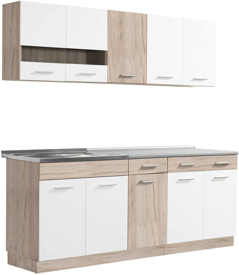 Homestyle4U Virtuvės spintelių komplektas, 200x60x206.5 cm, balta, ruda