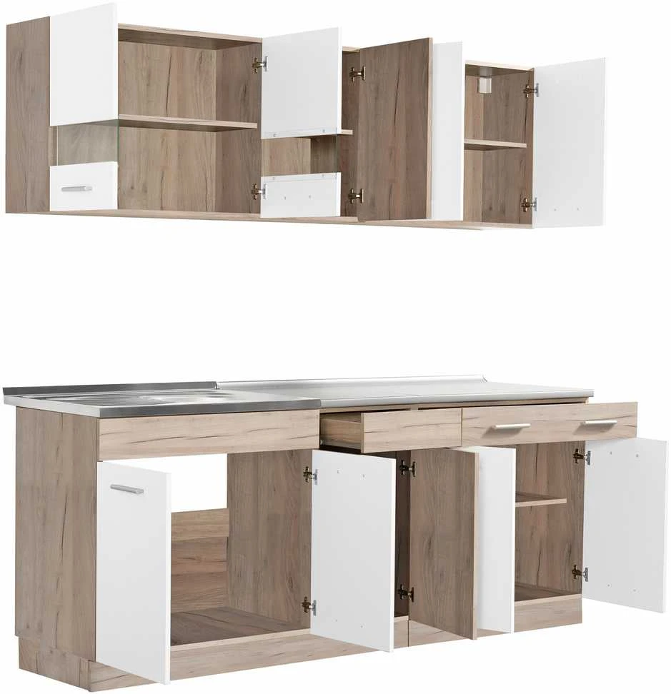 Homestyle4U Virtuvės spintelių komplektas, 200x60x206.5 cm, balta, ruda