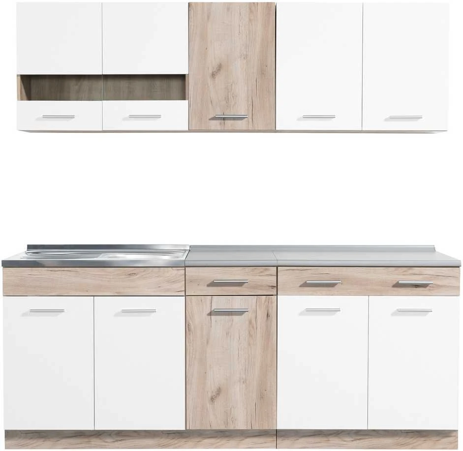 Homestyle4U Virtuvės spintelių komplektas, 200x60x206.5 cm, balta, ruda