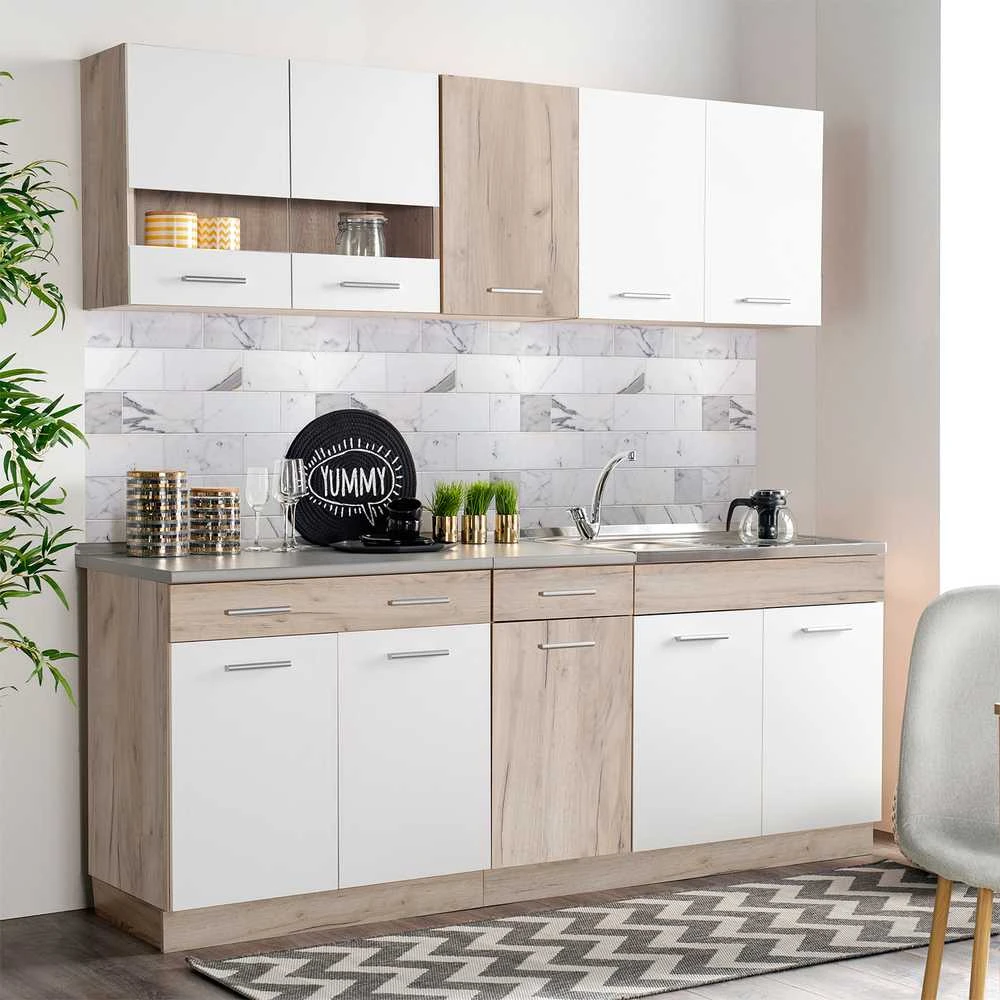 Homestyle4U Virtuvės spintelių komplektas, 200x60x206.5 cm, balta, ruda