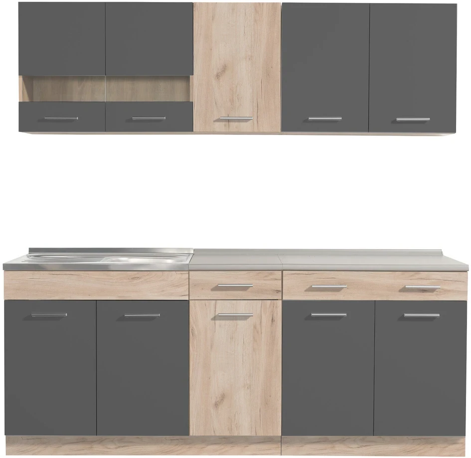 Homestyle4U Virtuvės spintelių komplektas, 200x60x206.5 cm, pilka, ruda