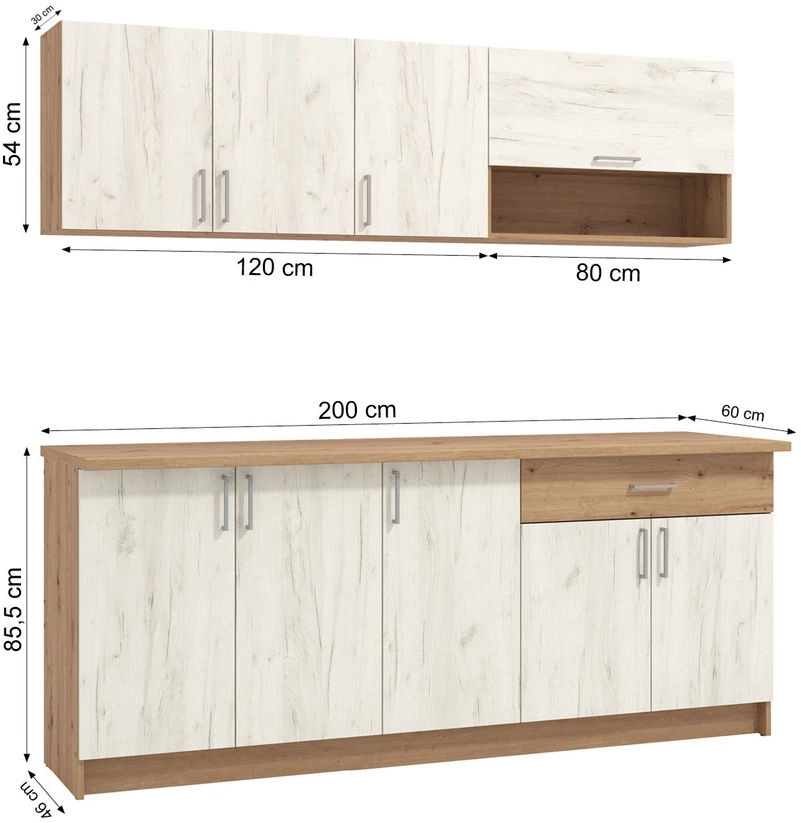 Homestyle4U Virtuvės spintelių komplektas, 200x85.5x60 cm, balta ir ruda