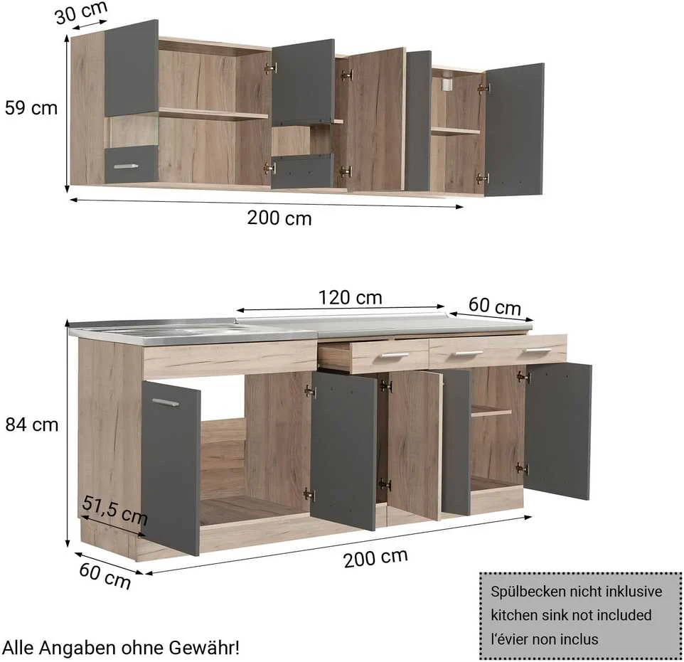 Homestyle4U Virtuvės spintelių komplektas, 200x60x206.5 cm, pilka, ruda