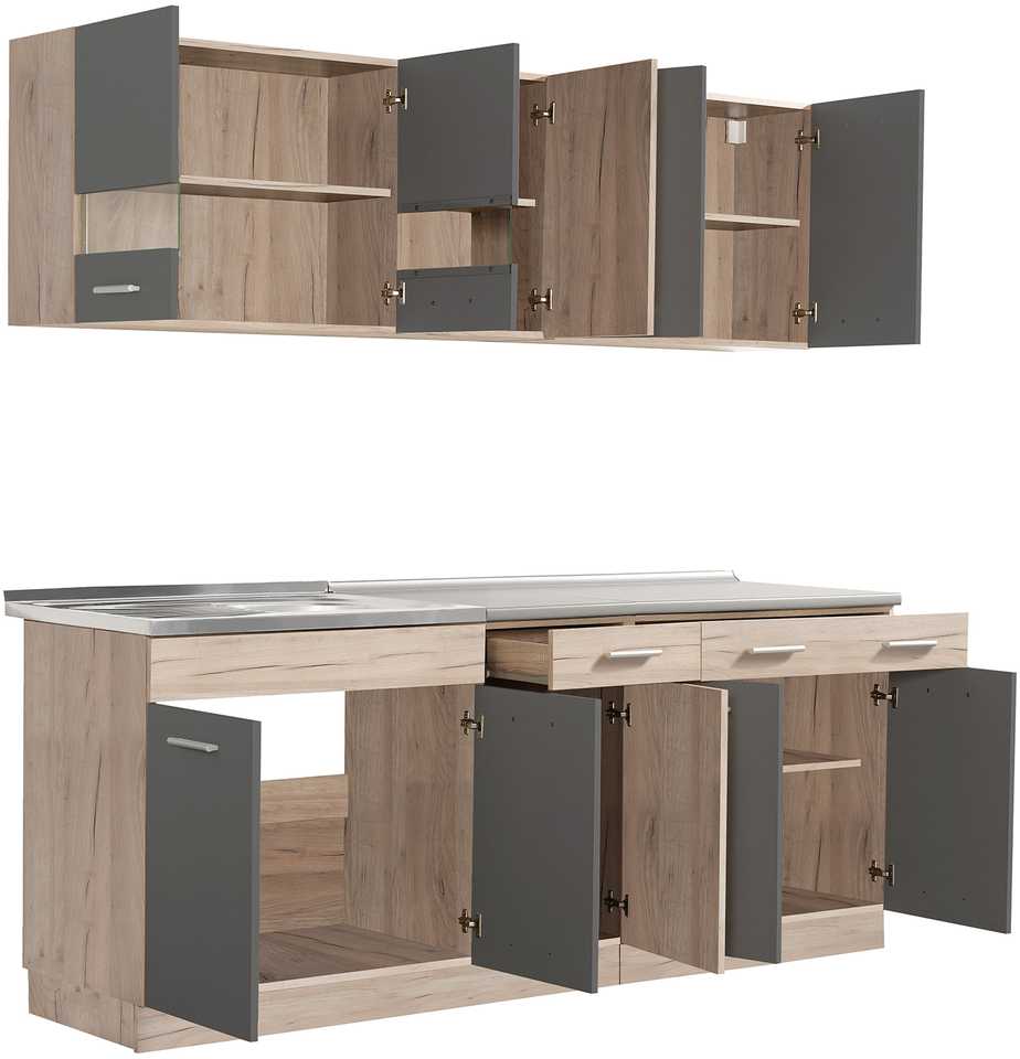 Homestyle4U Virtuvės spintelių komplektas, 200x60x206.5 cm, pilka, ruda