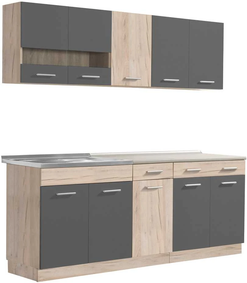 Homestyle4U Virtuvės spintelių komplektas, 200x60x206.5 cm, pilka, ruda
