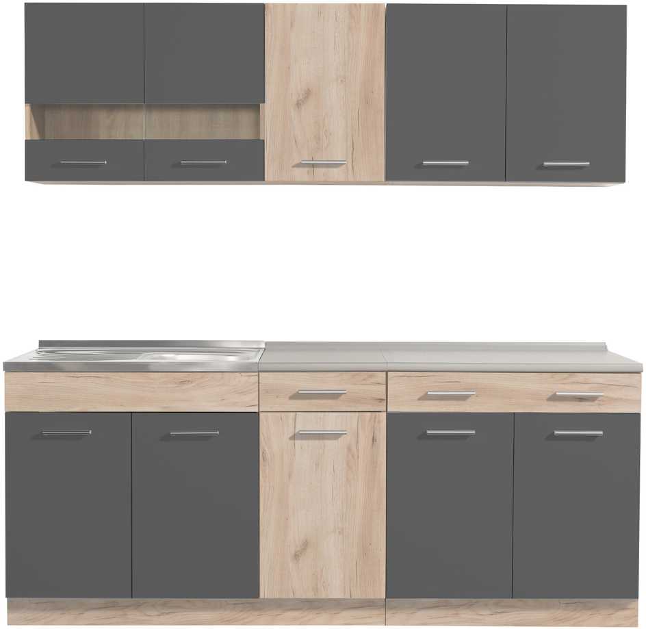 Homestyle4U Virtuvės spintelių komplektas, 200x60x206.5 cm, pilka, ruda