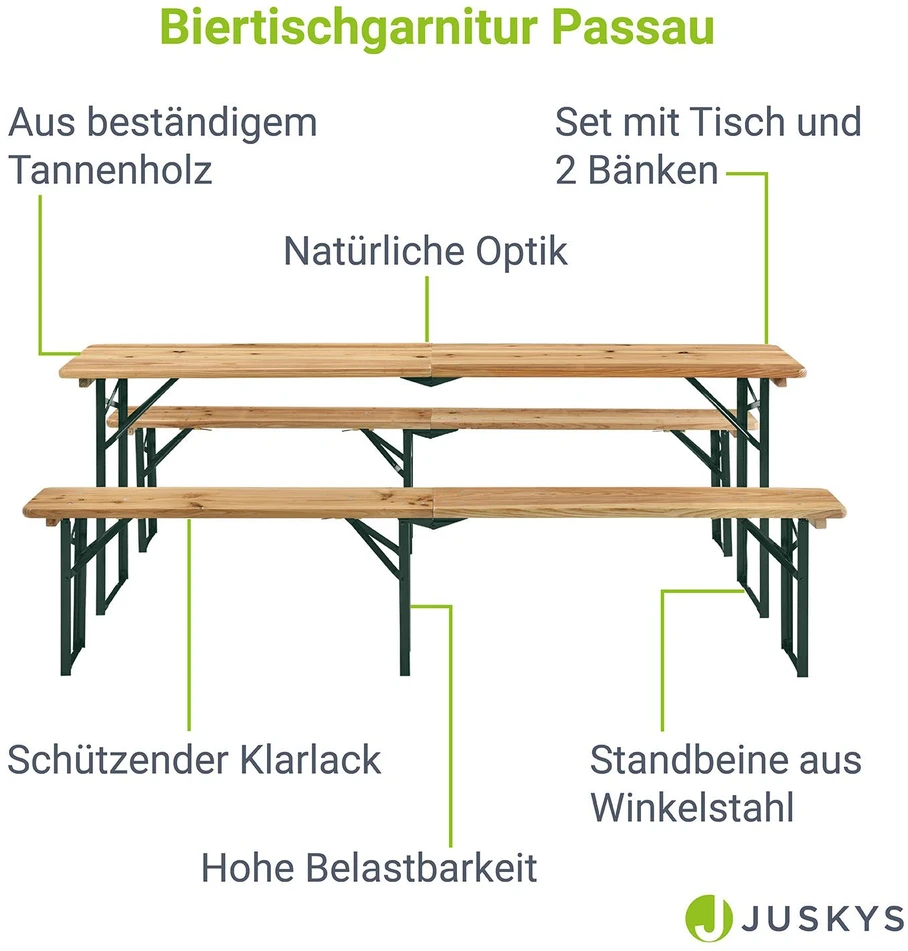 Juskys Alaus stalo komplektas Passau, 3 dalių, 220 cm, natūralus