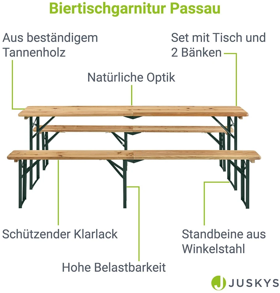Juskys Alaus stalo komplektas Passau, 3 dalių, 220 cm, natūralus