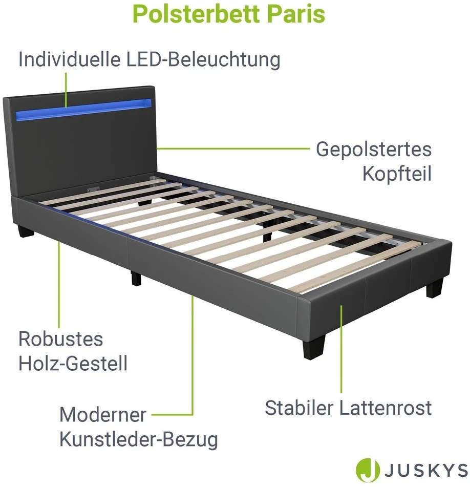 Juskys Apmuštas lova Paris 90x200 cm su LED apšvietimu tamsiai pilka