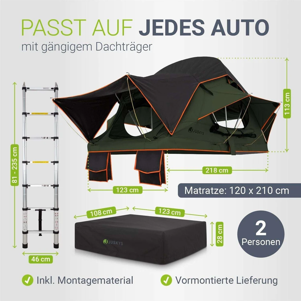 Juskys Automobilio stogo palapinė Lago 120x210 cm juoda/alyvuogių žalia