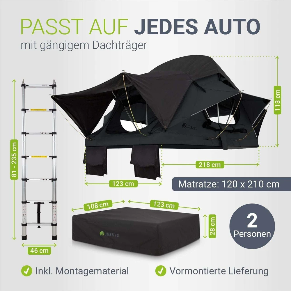 Juskys Automobilio stogo palapinė Lago 120x210 cm juoda/pilka