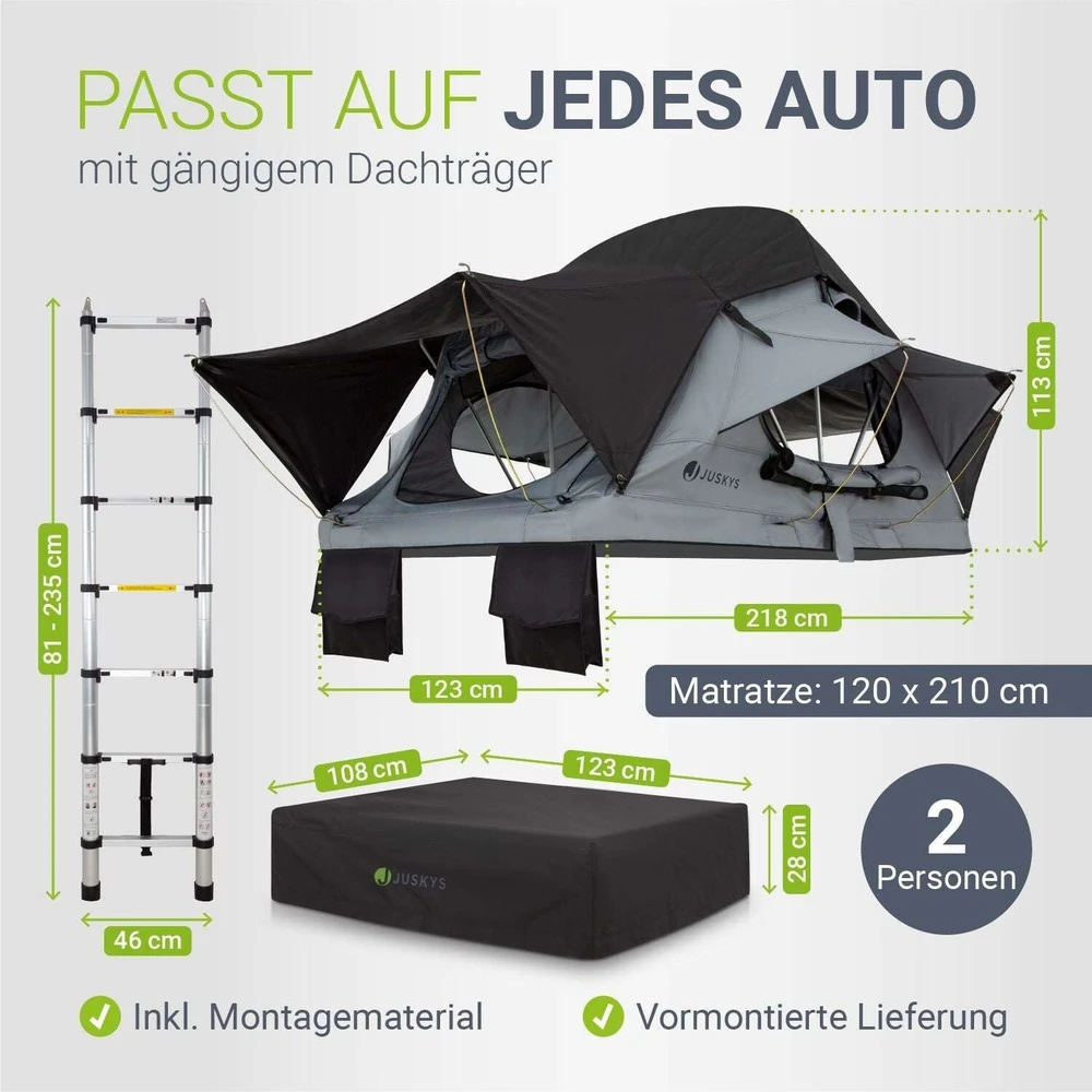 Juskys Automobilio stogo palapinė Lago 120x210 cm juoda/pilka