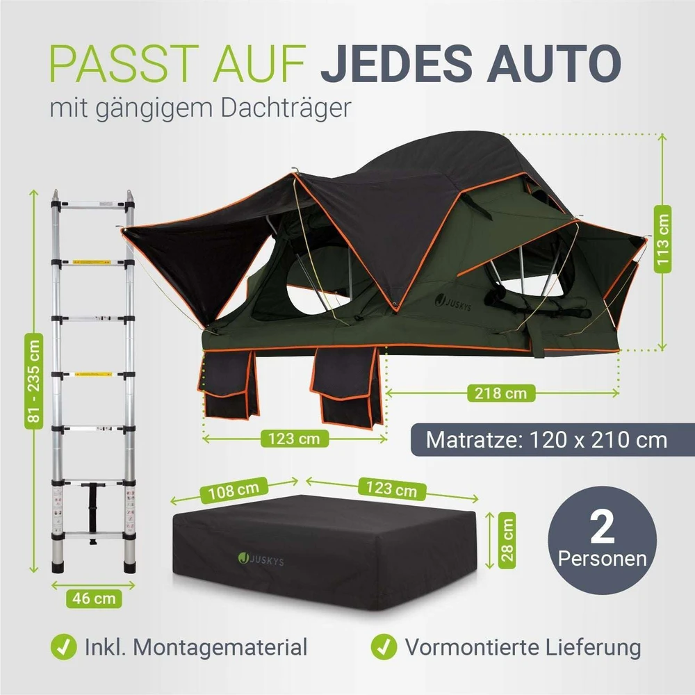 Juskys Automobilio stogo palapinė Lago 120x210 cm juoda/alyvuogių žalia